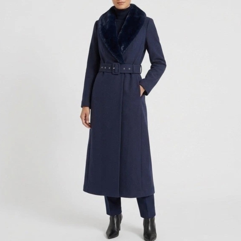 Naked Wardrobe | New Navy Blue Longline Belted Coat Women Faux Fur Collar